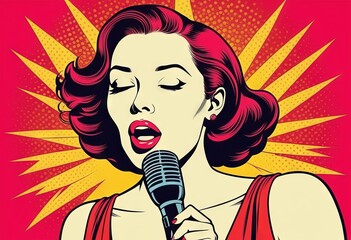 Vintage-style singer with microphone performing on stage against a vibrant background