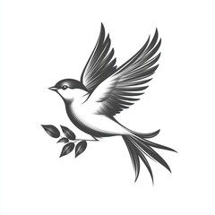 Fototapeta premium Monochrome bird in flight, holding an olive branch.
