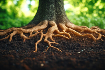 Exposed roots of a tree with soil and green bokeh background.