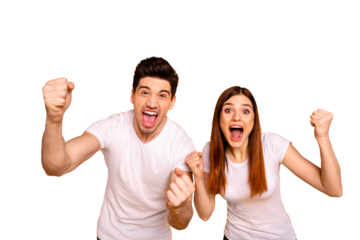 Portrait of two nice attractive lovely charming cheerful cheery ecstatic overjoyed people having fun good mood best lucky attainment isolated over vivid shine bright yellow background