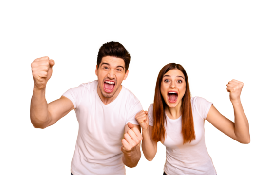 Portrait of two nice attractive lovely charming cheerful cheery ecstatic overjoyed people having fun good mood best lucky attainment isolated over vivid shine bright yellow background - Powered by Adobe