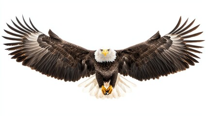 Obraz premium A majestic eagle spreads its wings, showcasing intricate feathers and a powerful presence against a light background.
