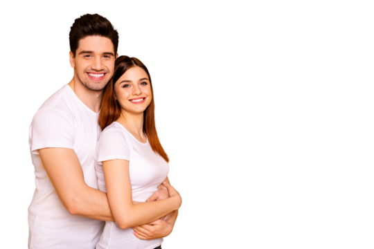 Profile side view portrait of two nice attractive lovely sweet charming cheerful cheery people enjoying spending time isolated over vivid shine bright yellow background