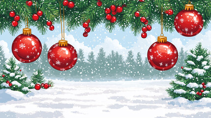 Red Christmas Baubles Hanging on Pine Branches with Snowy Winter Forest Background