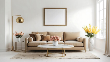 Fototapeta premium Brown sofa and marble coffee table in living room with photo frame on the wall. Modern living room with cosy white sofa.