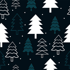 Print Winter holidays background with winter tree and snowflakes. Winter card design. seamless White snow falling on sky blue  pattern. repeating texture for  greeting card or banner. Vector eps10 