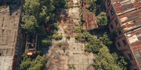 Overgrown Ruins of an Abandoned Factory: Nature Reclaims Urban Decay. An aerial view of an abandoned industrial site, where nature has overtaken the decaying buildings and infrastructure.