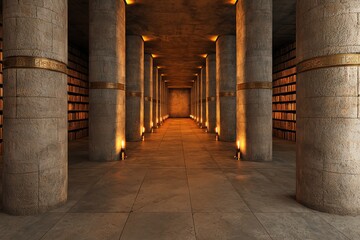 A dimly lit library corridor lined with tall concrete columns and shelves filled with books, creating a serene and intellectual atmosphere.