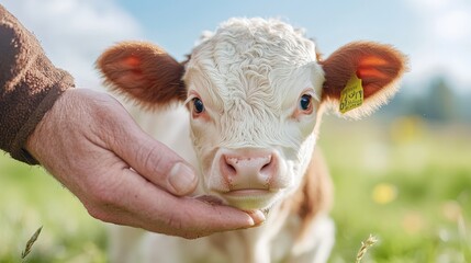 Close-Up of Hand Feeding Adorable Calf in Sunny Green Field