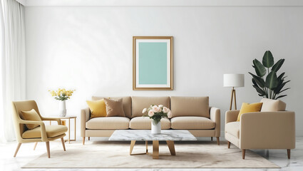 Fototapeta premium Brown sofa and marble coffee table in living room with photo frame on the wall. A modern, minimalist interior with a large sofa.