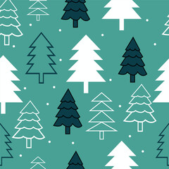 Print Winter holidays background with winter tree and snowflakes. Winter card design. seamless White snow falling on sky blue  pattern. repeating texture for  greeting card or banner. Vector eps10 