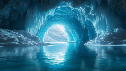 Stunning ice cave with unique formations and a hidden lake