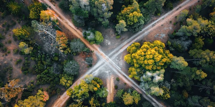Aerial View of Forest Crossroads in Autumn. Stunning drone shot showcasing vibrant fall foliage and intersecting paths through a lush woodland. Nature's vibrant tapestry.
