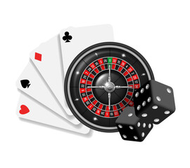 Casino illustration.  Roulette, cards and dice. Vector composition isolated on white background.