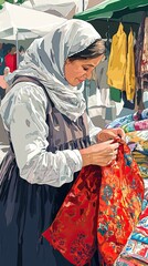 Fototapeta premium Woman at Market Examining Vibrant Fabric