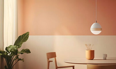 A modern interior featuring a round table, pendant light, plant, and decorative vase.