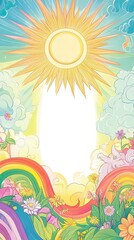 Naklejka premium Bright Sun Shining Over Rainbow and Flowers