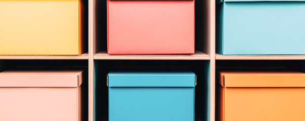 Fototapeta premium A row of colorful boxes are lined up on a shelf