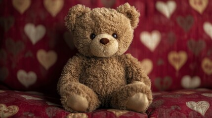 Fototapeta premium Brown Teddy Bear Sitting On Heart Patterned Couch