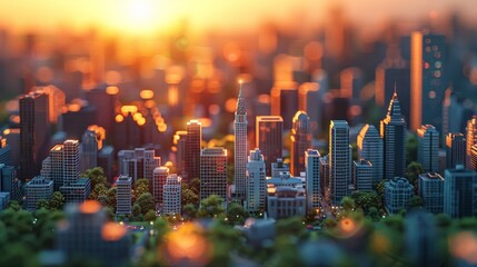 Obraz premium Sunrise over a miniature cityscape model.