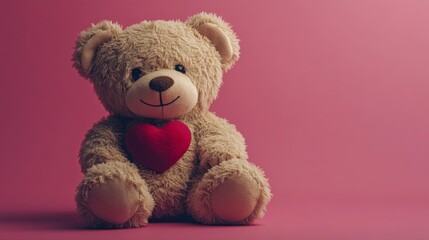 Obraz premium Teddy Bear Holding Red Heart Against Pink Background