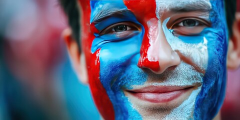 Obraz premium A close-up of a football fanâ€™s face painted in the colors of their favorite team.