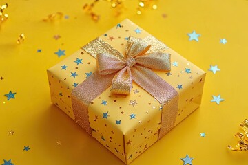 Gold gift box with yellow ribbon and stars on yellow background. Beautiful wallpaper, banner or background for creative projects.