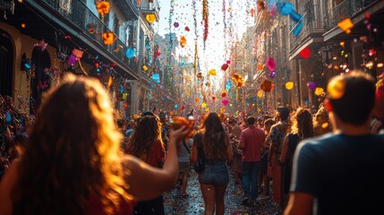 Fototapeta premium A vibrant street celebration with colorful confetti and a lively crowd enjoying the festivities.