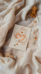 A soft, artistic card featuring a heart and floral elements on a textured background.