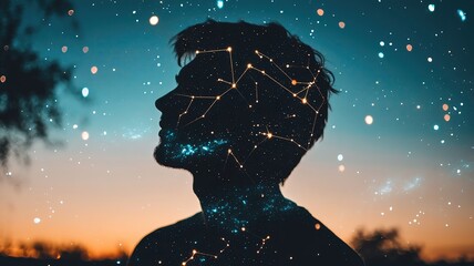 double exposure silhouette man blending with earth cosmic power star galax Double exposure silhouette of a man infused with abstract celestial gradients and glowing constellations