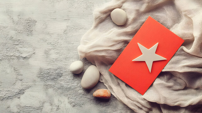 A serene arrangement featuring a star-shaped object, soft fabric, and smooth stones.