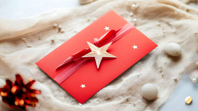 A festive red envelope with a star decoration, set on a soft fabric background.