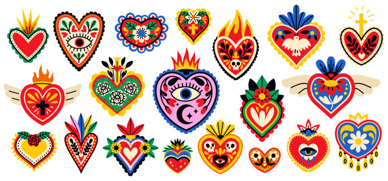 Sacred patterned hearts. Traditional mexican spiritual symbols, burning flames, colorful flowers and eyes, fire memorial signs, colorful decorative tidy vector cartoon flat isolated illustration set
