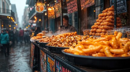 Fototapeta premium A vibrant street food market with various fried snacks on display in a lively atmosphere.