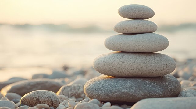 Tranquil stacked river stones at sunset serene beach natural environment close-up balance and harmony
