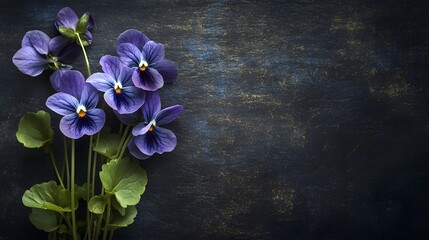 55. A delicate arrangement of violets against a textured black background