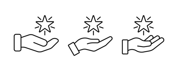 Excellent result outline icon set. Hand holding shining star symbol represent of grade quality, get reward. Editable stroke