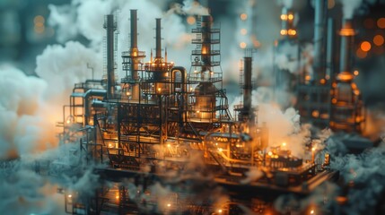 Illuminated industrial complex model shrouded in smoke.
