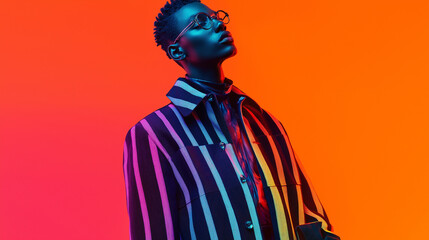 Naklejka premium A model in a Mod-style coat with glowing digital stripes, posed against a minimalist gradient background