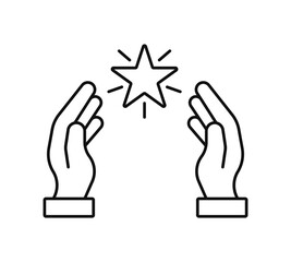 Hands holding shinning star outline icon symbol. Best score, high quality product, experience. Editable stroke