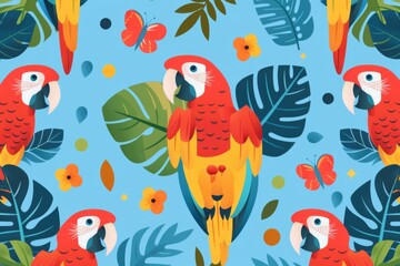 Obraz premium Tropical parrots surrounded by lush foliage in vivid colors, creating a vibrant and lively atmosphere, ideal for nature themed projects and designs