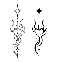 Neotribal tattoo vector illustration. Hand drawn black heart shape with stars on white background