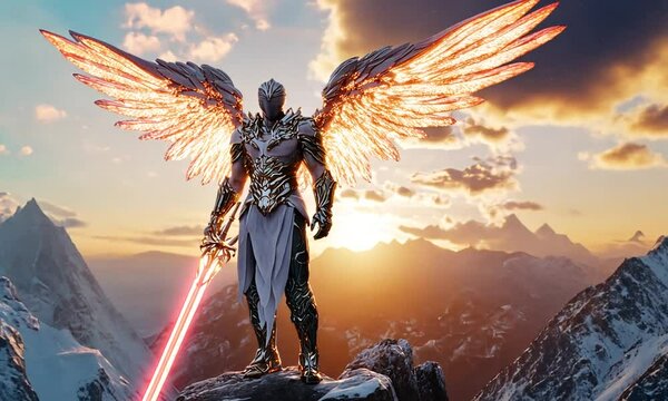 Angelic Warrior at Sunset: A Digital Painting of a Powerful Figure with Wings and Sword, Standing on a Mountain Peak.
