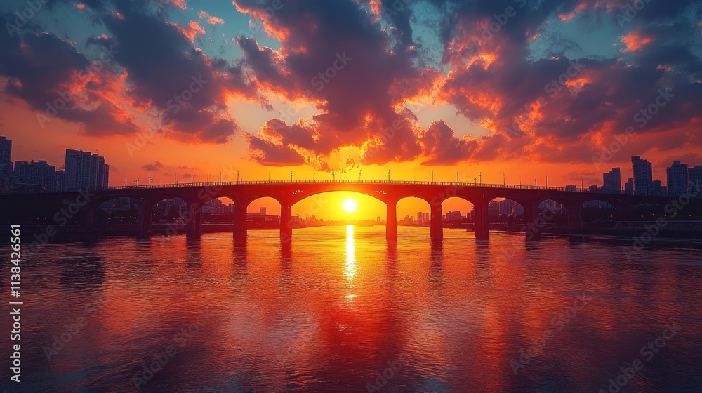 Poster a vibrant sunset over a bridge reflecting on water, creating a serene atmosphere.
