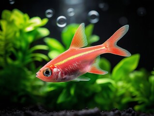 Obraz premium A vibrant neon tetra with a glowing pink stripe swimming gracefully in a freshwater aquarium, surrounded by lush green plants and highlighted against a dark, bubble-filled background