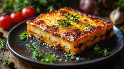 Delicious golden-brown lasagna on a rustic plate.