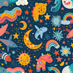 Whimsical Cosmic Creatures and Night Sky - Seamless Pattern