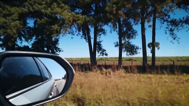 A car trip on the highway seen from the passenger's perspective watching the scenery pass by outside the car window.