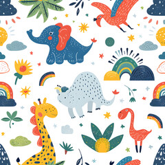 Whimsical Jungle Safari with Rainbows - Seamless Pattern