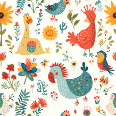 Whimsical Birds and Flowers - Vibrant Seamless Pattern